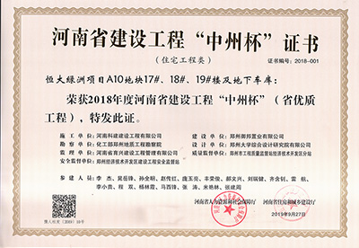 恒大綠洲項目A10地塊17#、18#、19#樓及地下車庫榮獲“2018年度河南省建設(shè)工程中州杯（省優(yōu)質(zhì)工程）”